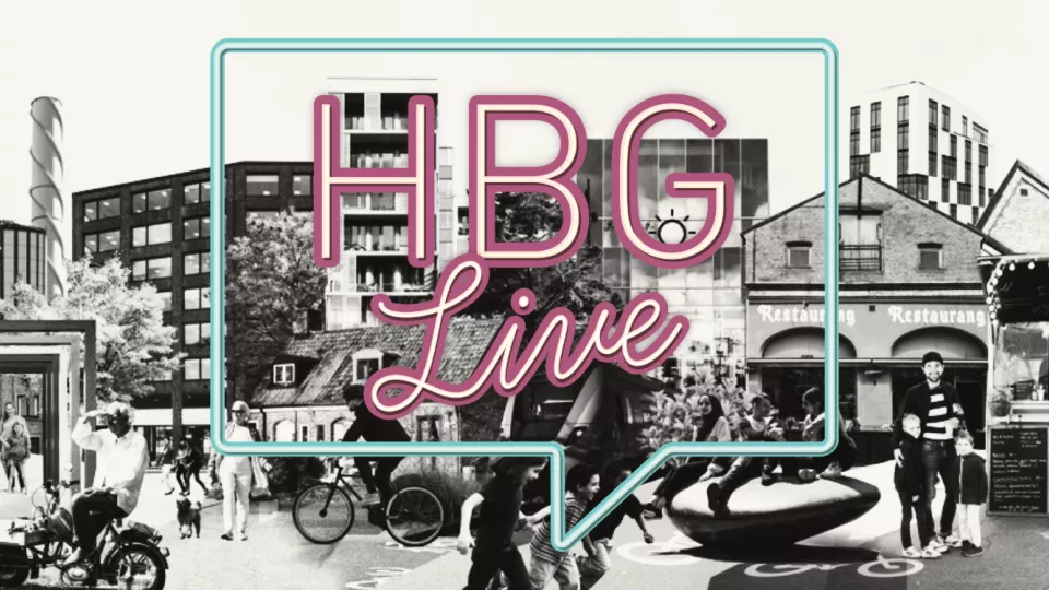 Kollage med svartvita bilder. Logotyp Hbg Live