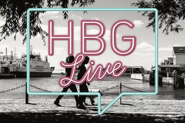 Svartvit bild från Helsingborg med HBG Live logotyp i mitten