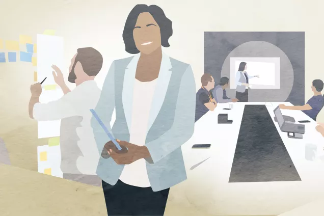 Kvinna på en arbetsplats. Illustration.