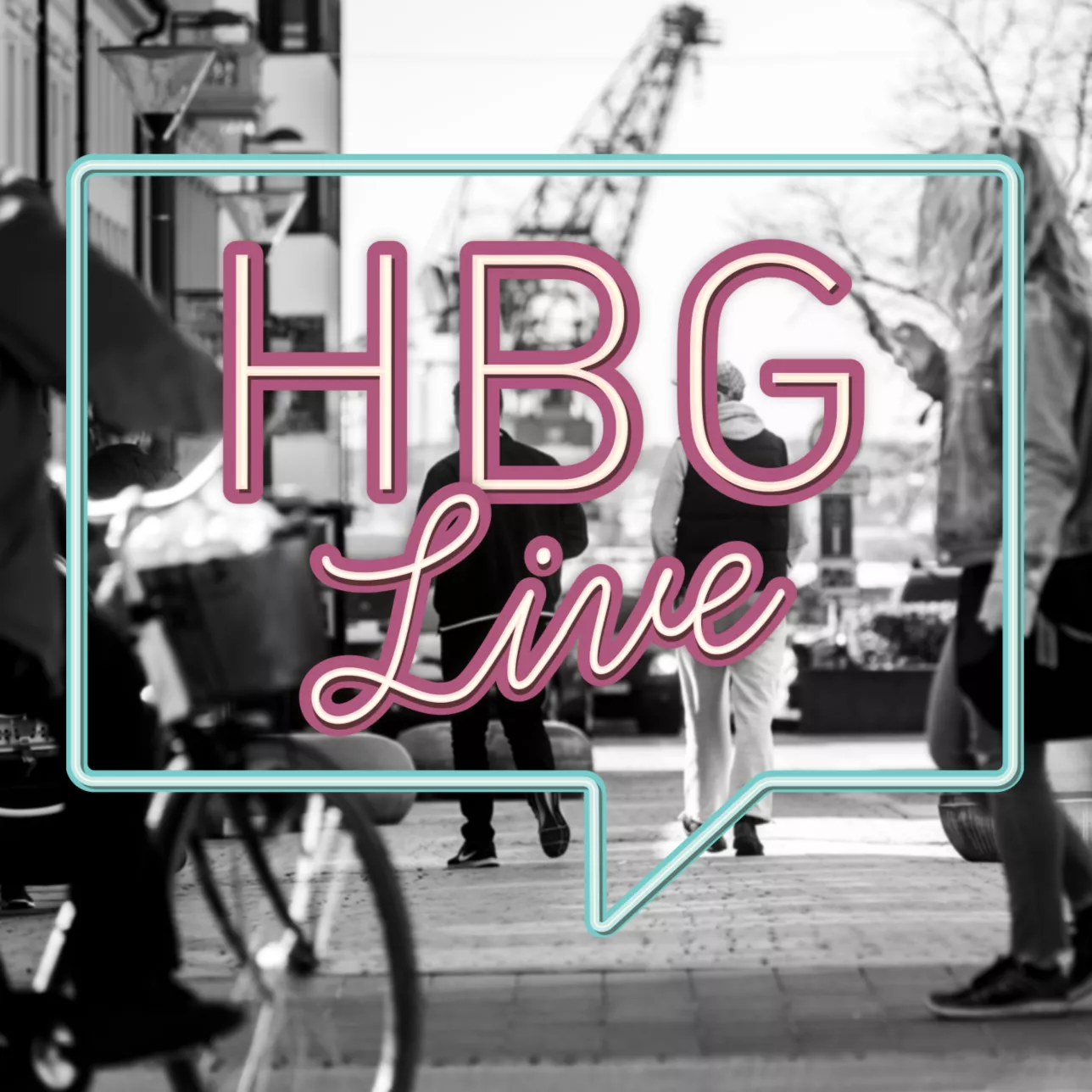 Logotyp för HBG Live på svart vitt foto. Foto.