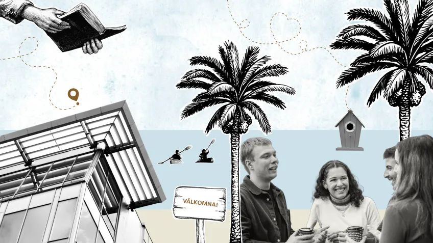 Kollage med Campus, studenter, palmer. Foto och illustration.